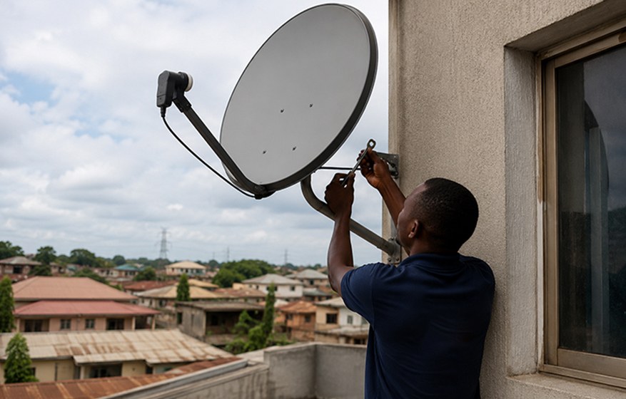 FreeTV installer aligning a satellite dish on a rooftop